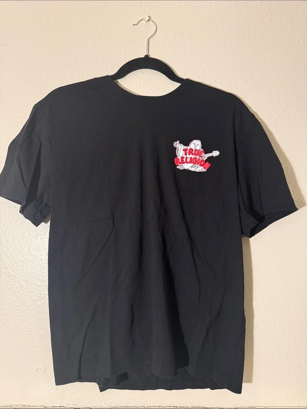True Religion Black Short-Sleeve Tee with Red Logo Graphic